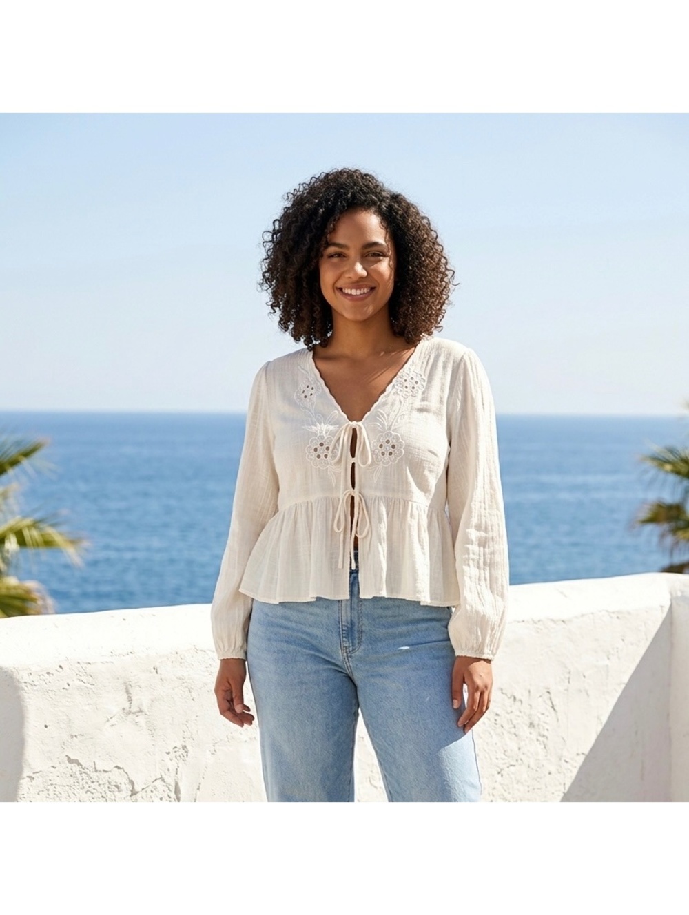 Bailey 44 Embroidered Floral Tie-Front Peasant Peplum Blouse – Ivory – XL